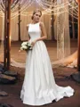 A-Line/Princess Satin Sleeveless Scoop Ruffles Sweep Train Wedding Dresses
