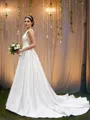A-Line/Princess Satin Sleeveless Scoop Ruffles Sweep Train Wedding Dresses