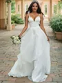 A-Line/Princess V-neck Organza Sleeveless Beading Sweep Train Wedding Dresses