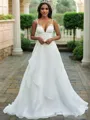 A-Line/Princess V-neck Organza Sleeveless Beading Sweep Train Wedding Dresses
