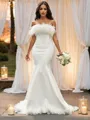 Trumpet/Mermaid Strapless Satin Feathers/Fur Sleeveless Sweep Train Wedding Dresses