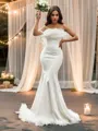 Trumpet/Mermaid Strapless Satin Feathers/Fur Sleeveless Sweep Train Wedding Dresses