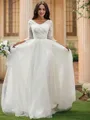 A-Line/Princess Ruched Sweetheart Tulle 3/4 Sleeves Sweep Train Wedding Dresses