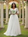 A-Line/Princess Ruched Sweetheart Tulle 3/4 Sleeves Sweep Train Wedding Dresses