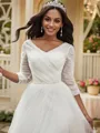A-Line/Princess Ruched Sweetheart Tulle 3/4 Sleeves Sweep Train Wedding Dresses