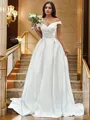 A-Line/Princess Off-the-Shoulder Ruched Sleeveless Satin Court Train Wedding Dresses