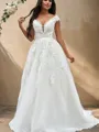 A-Line/Princess Tulle V-neck Applique Sleeveless Sweep Train Wedding Dresses