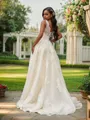 A-Line/Princess Tulle Applique V-neck Sleeveless Sweep Train Wedding Dresses