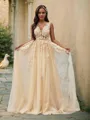 A-Line/Princess Sleeveless Tulle V-neck Applique Sweep Train Wedding Dresses