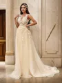 A-Line/Princess Sleeveless Tulle V-neck Applique Sweep Train Wedding Dresses