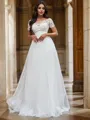 A-Line/Princess Scoop Tulle Applique Short Sleeves Sweep Train Wedding Dresses