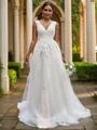 A-Line/Princess V-neck Tulle Applique Sleeveless Sweep Train Wedding Dresses