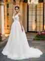 A-Line/Princess V-neck Tulle Applique Sleeveless Sweep Train Wedding Dresses