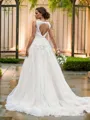 A-Line/Princess V-neck Tulle Applique Sleeveless Sweep Train Wedding Dresses