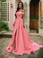 A-Line/Princess Satin Sleeveless Ruffles Off-the-Shoulder Court Train Dresses