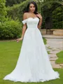 A-Line/Princess Lace Applique Off-the-Shoulder Sleeveless Sweep Train Wedding Dresses