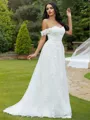 A-Line/Princess Lace Applique Off-the-Shoulder Sleeveless Sweep Train Wedding Dresses