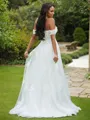 A-Line/Princess Lace Applique Off-the-Shoulder Sleeveless Sweep Train Wedding Dresses