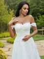 A-Line/Princess Lace Applique Off-the-Shoulder Sleeveless Sweep Train Wedding Dresses