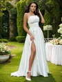 A-Line/Princess Satin Ruffles Spaghetti Straps Sleeveless Sweep Train Wedding Dresses