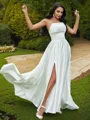 A-Line/Princess Satin Ruffles Spaghetti Straps Sleeveless Sweep Train Wedding Dresses