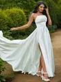 A-Line/Princess Satin Ruffles Spaghetti Straps Sleeveless Sweep Train Wedding Dresses
