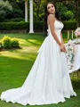 A-Line/Princess Satin Bowknot V-neck Sleeveless Sweep Train Wedding Dresses