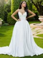 Ball-Gown Lace Ruffles V-neck Sleeveless Sweep Train Wedding Dresses