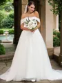 A-Line/Princess Tulle Ruffles Off-the-Shoulder Sleeveless Sweep Train Wedding Dresses