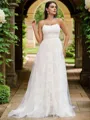 A-Line/Princess Lace Ruffles Spaghetti Straps Sleeveless Sweep Train Wedding Dresses