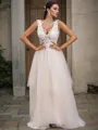 A-Line/Princess Tulle Applique V-neck Sleeveless Sweep Train Wedding Dresses