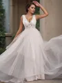 A-Line/Princess Tulle Applique V-neck Sleeveless Sweep Train Wedding Dresses