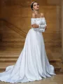A-Line/Princess Satin Lace Off-the-Shoulder Long Sleeves Sweep Train Wedding Dresses