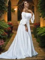 A-Line/Princess Charmeuse Ruffles Off-the-Shoulder 3/4 Sleeves Sweep Train Wedding Dresses