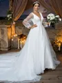 A-Line/Princess Tulle Ruffles V-neck Long Sleeves Court Train Wedding Dresses