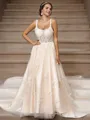A-Line/Princess Tulle Applique Straps Sleeveless Court Train Wedding Dresses