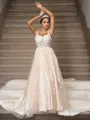 A-Line/Princess Tulle Applique Straps Sleeveless Court Train Wedding Dresses