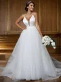 A-Line/Princess Tulle Ruffles V-neck Sleeveless Sweep Train Wedding Dresses