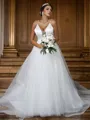 A-Line/Princess Tulle Ruffles V-neck Sleeveless Sweep Train Wedding Dresses