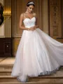 A-Line/Princess Tulle Applique Sweetheart Sleeveless Sweep Train Wedding Dresses