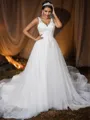 A-Line/Princess Tulle Applique V-neck Sleeveless Court Train Wedding Dresses