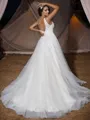 A-Line/Princess Tulle Applique V-neck Sleeveless Court Train Wedding Dresses
