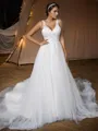 A-Line/Princess Tulle Applique V-neck Sleeveless Court Train Wedding Dresses