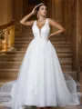 A-Line/Princess Tulle Applique V-neck Sleeveless Sweep Train Wedding Dresses