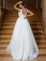 A-Line/Princess Tulle Applique V-neck Sleeveless Sweep Train Wedding Dresses