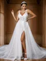 A-Line/Princess Lace Applique V-neck Sleeveless Sweep Train Wedding Dresses