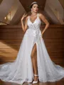 A-Line/Princess Lace Applique V-neck Sleeveless Sweep Train Wedding Dresses