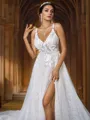 A-Line/Princess Lace Applique V-neck Sleeveless Sweep Train Wedding Dresses