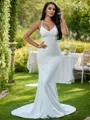 Sheath/Column Stretch Crepe Ruffles V-neck Sleeveless Sweep Train Wedding Dresses