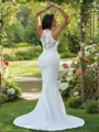 Sheath/Column Stretch Crepe Ruffles V-neck Sleeveless Sweep Train Wedding Dresses